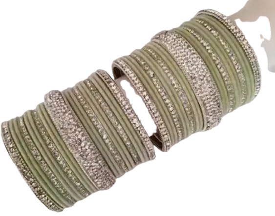 Sage Green Silk Thread Bangles with Silver Crystal Embellishments, Traditional Indian Style, Set of Bangles