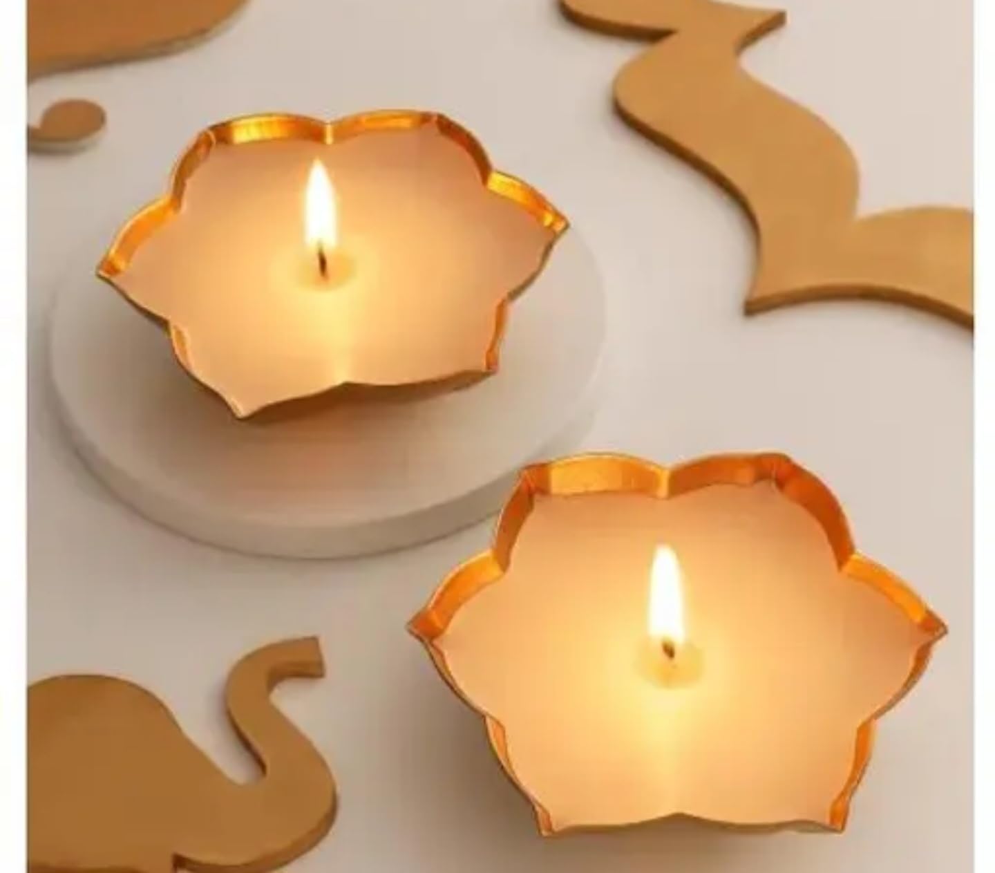 Decorative Lotus Shaped Candle Holders, Gold Metal Rim, White Wax, Elegant Floral Design, Set of 2, for Home Decor
