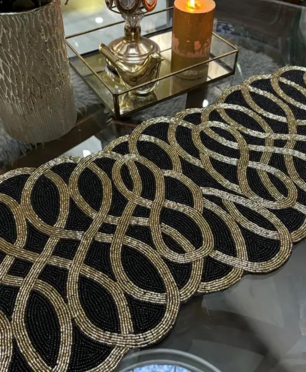 Decorative Handcrafted Table Runner, Black and Gold, Beaded Design, Oval Pattern, Elegant Home Decor