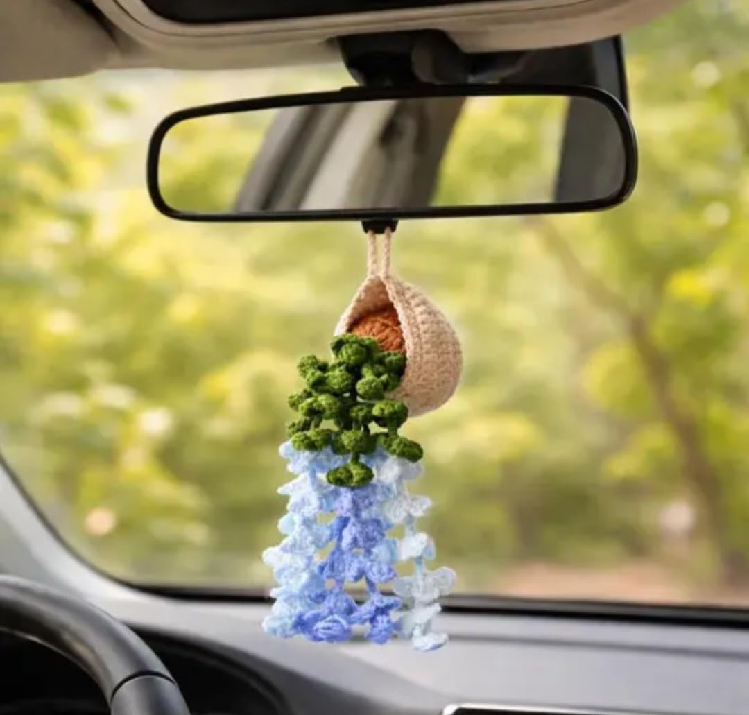 Crochet Hanging Plant Decor, Handmade Boho Faux Succulent in Woven Basket, Blue and Green, 1 piece