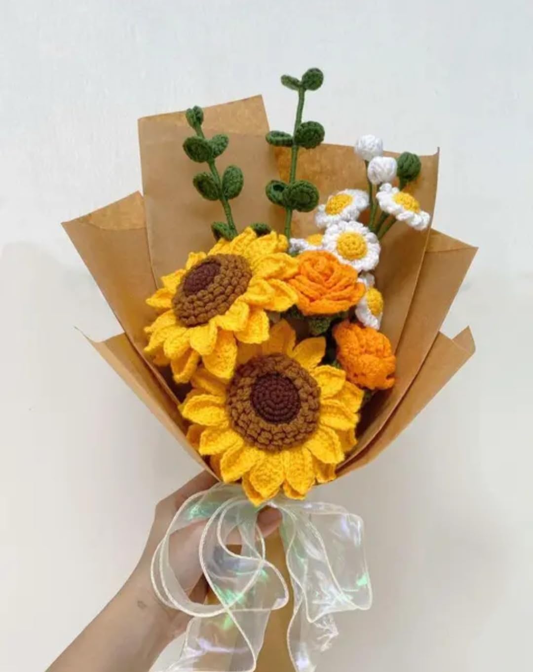 Handmade Crochet Flower Bouquet, Sunflowers, Daisies, and Roses, Knitted Floral Gift