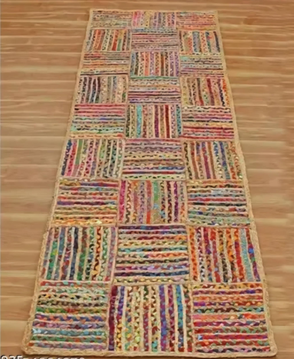 Handwoven Jute and Cotton Multicolor Patchwork Rug, Boho Style, Runner Mat