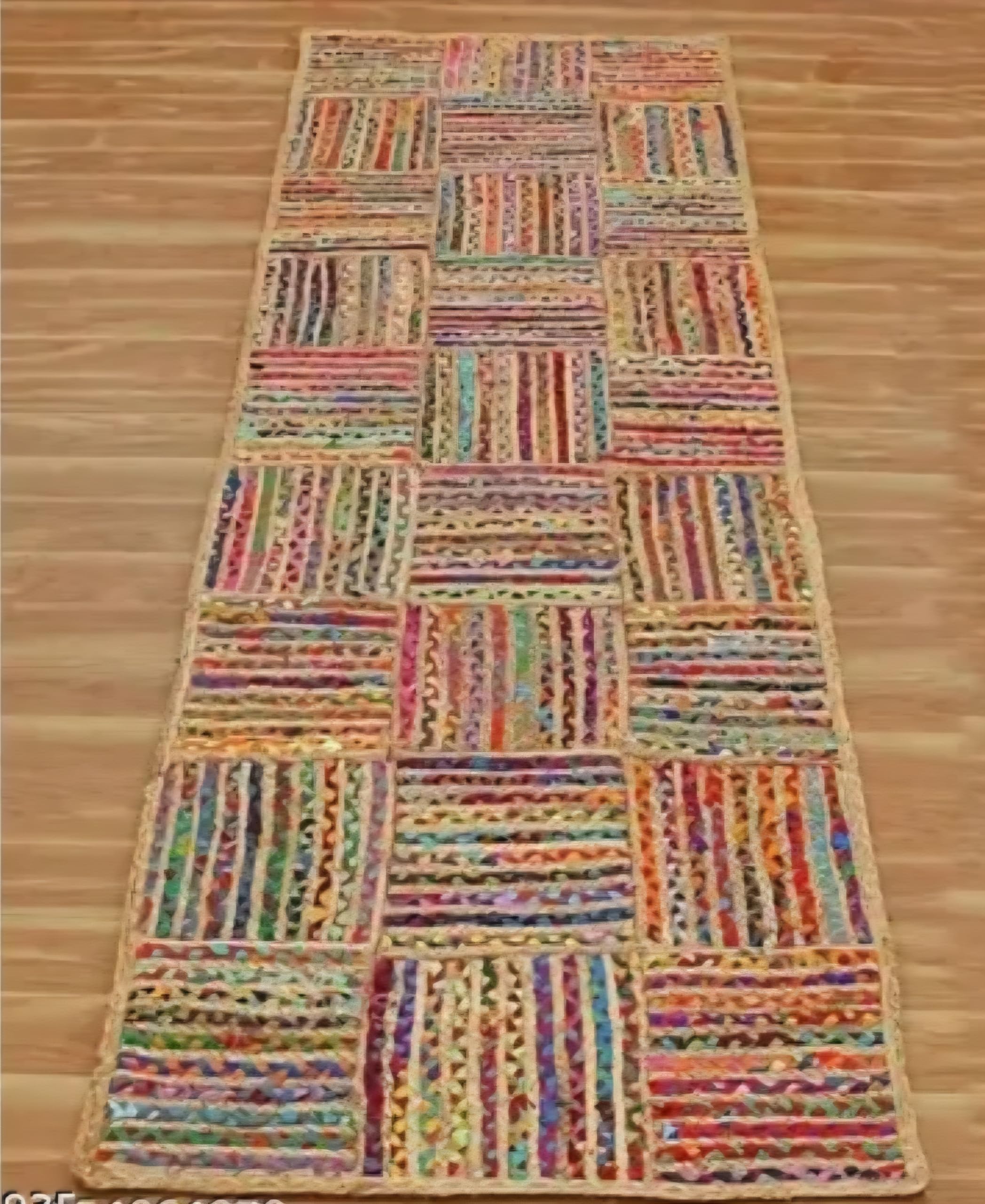 Handwoven Jute and Cotton Multicolor Patchwork Rug, Boho Style, Runner Mat