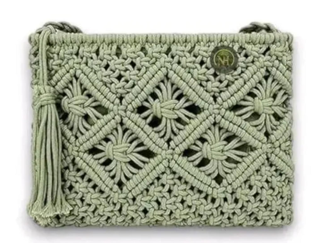 Handmade Macrame Crossbody Bag, Mint Green, Woven Pattern with Tassel, Small