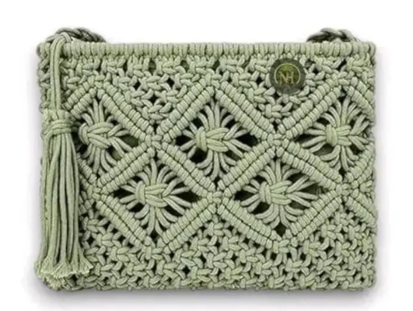 Handmade Macrame Crossbody Bag, Mint Green, Woven Pattern with Tassel, Small