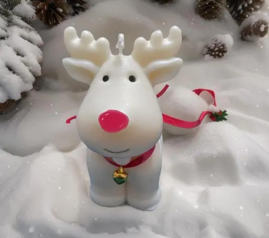 Decorative Reindeer Christmas Candle, White Wax Figurine with Red Nose, Holiday Home Decor