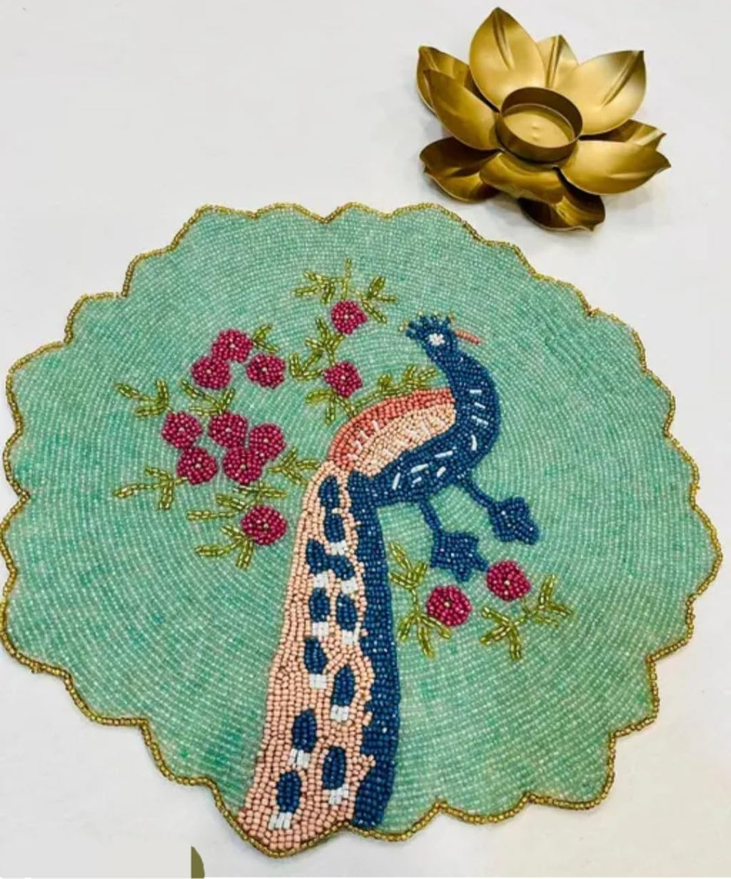 Beaded Placemat with Peacock Design, Green, Round Scalloped Edge, Floral Table Decor