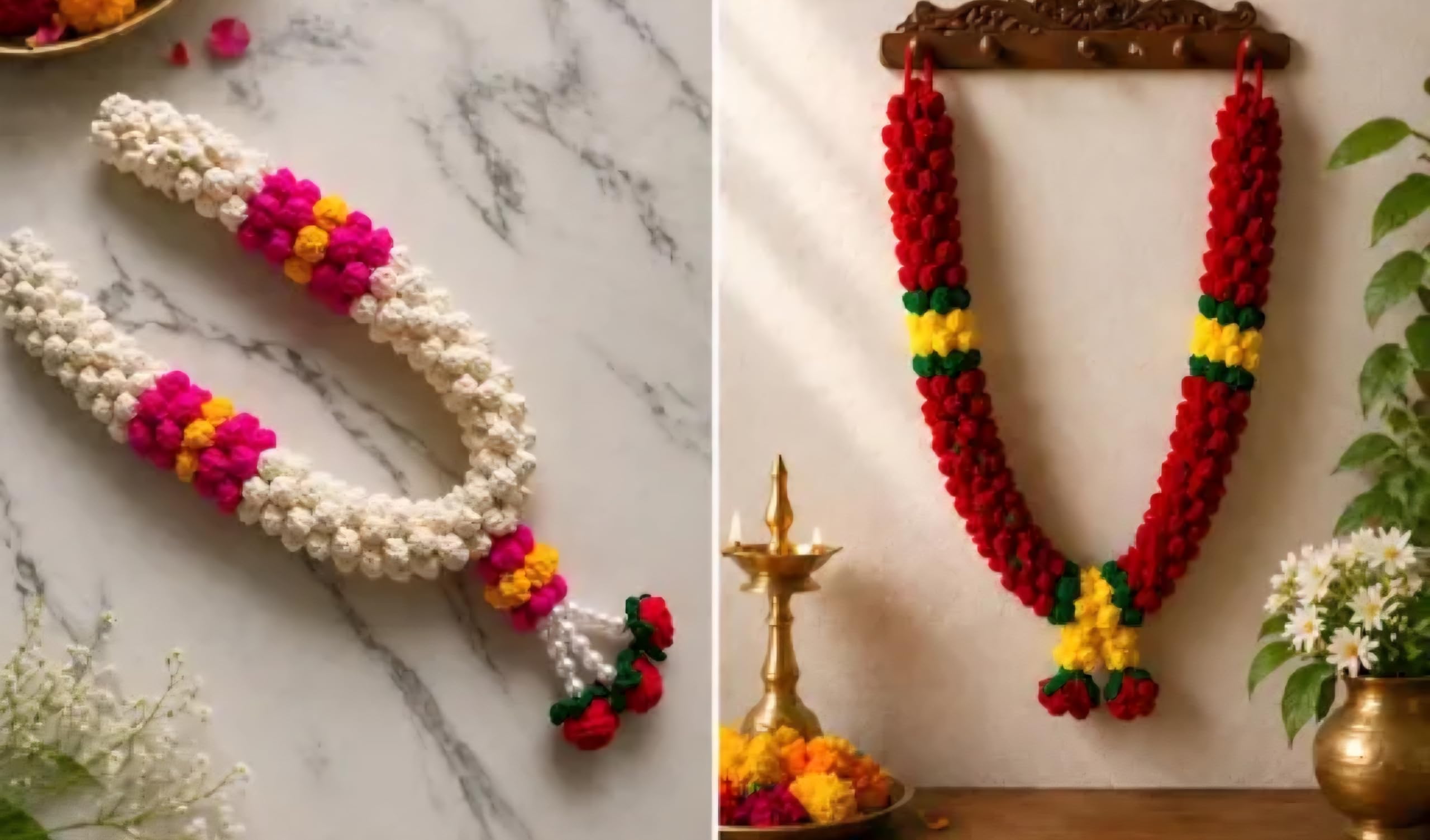 Crochet Floral Garland with White Jasmine, Red Roses, and Green Accents, Wedding Varmala
