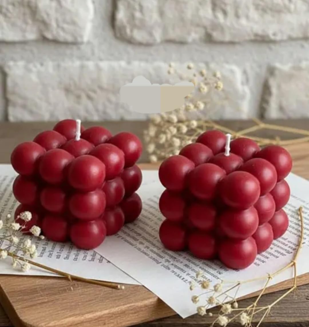 Red Bubble Cube Candles, Set of 2, Decorative Wax Pillar Candles, Home Decor