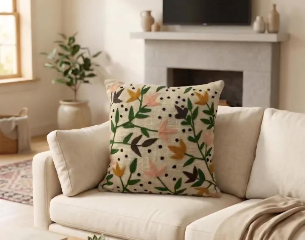 Floral Handmade Throw Pillow Cover, Botanical Print, Green Pink Yellow, Linen-Look Fabric, Decorative Cushion for Sofa