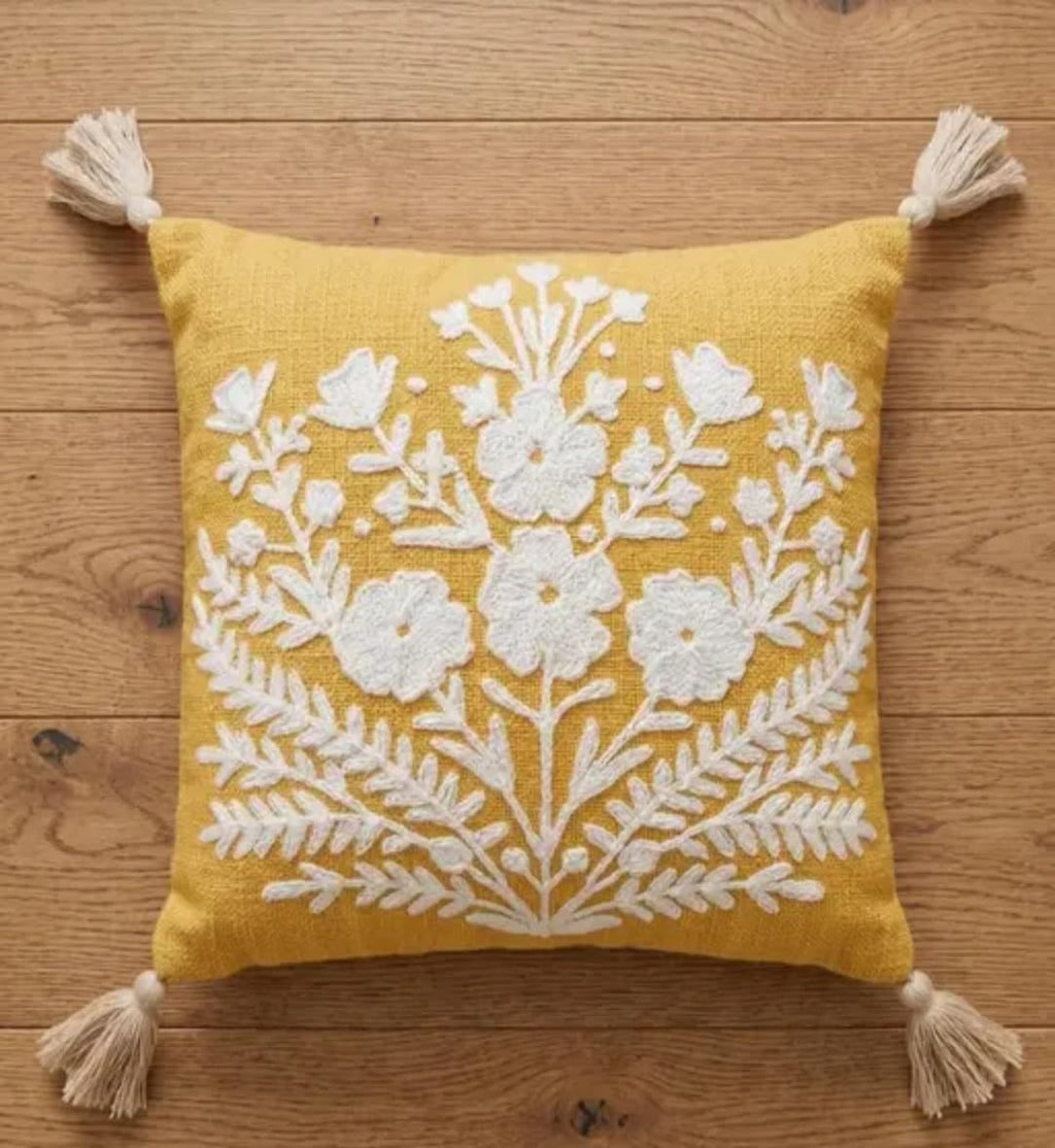 Handmade Floral Embroidered Throw Pillow Cover, Mustard Yellow with White Flowers, Tassel Accent, Boho Style