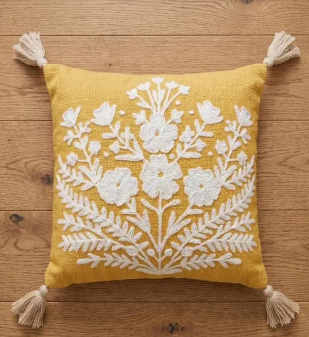 Handmade Floral Embroidered Throw Pillow Cover, Mustard Yellow with White Flowers, Tassel Accent, Boho Style