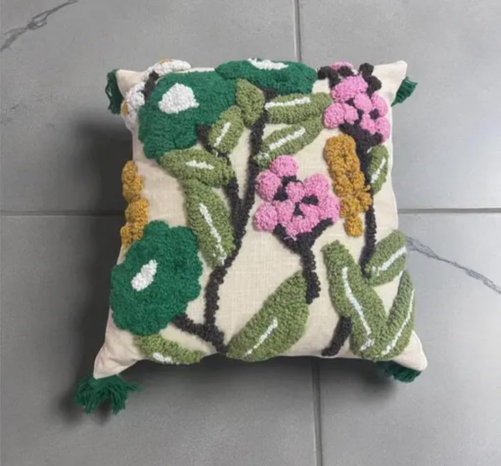 Floral Embroidered Throw Pillow Cover with Tassels, Boho Garden Tree Design, Multicolor