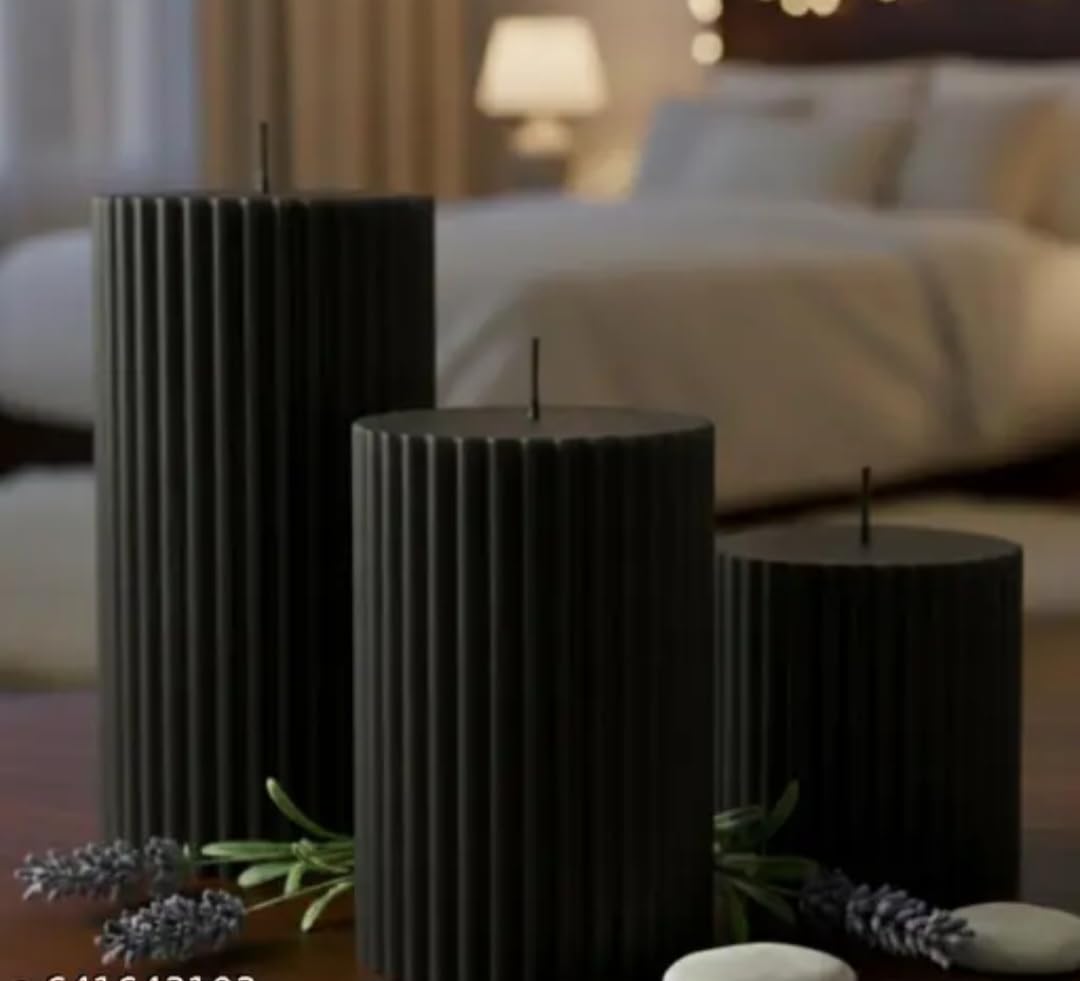 Decorative Pillar Candles Set, Black Ribbed Design, 3 Sizes, Modern Home Decor