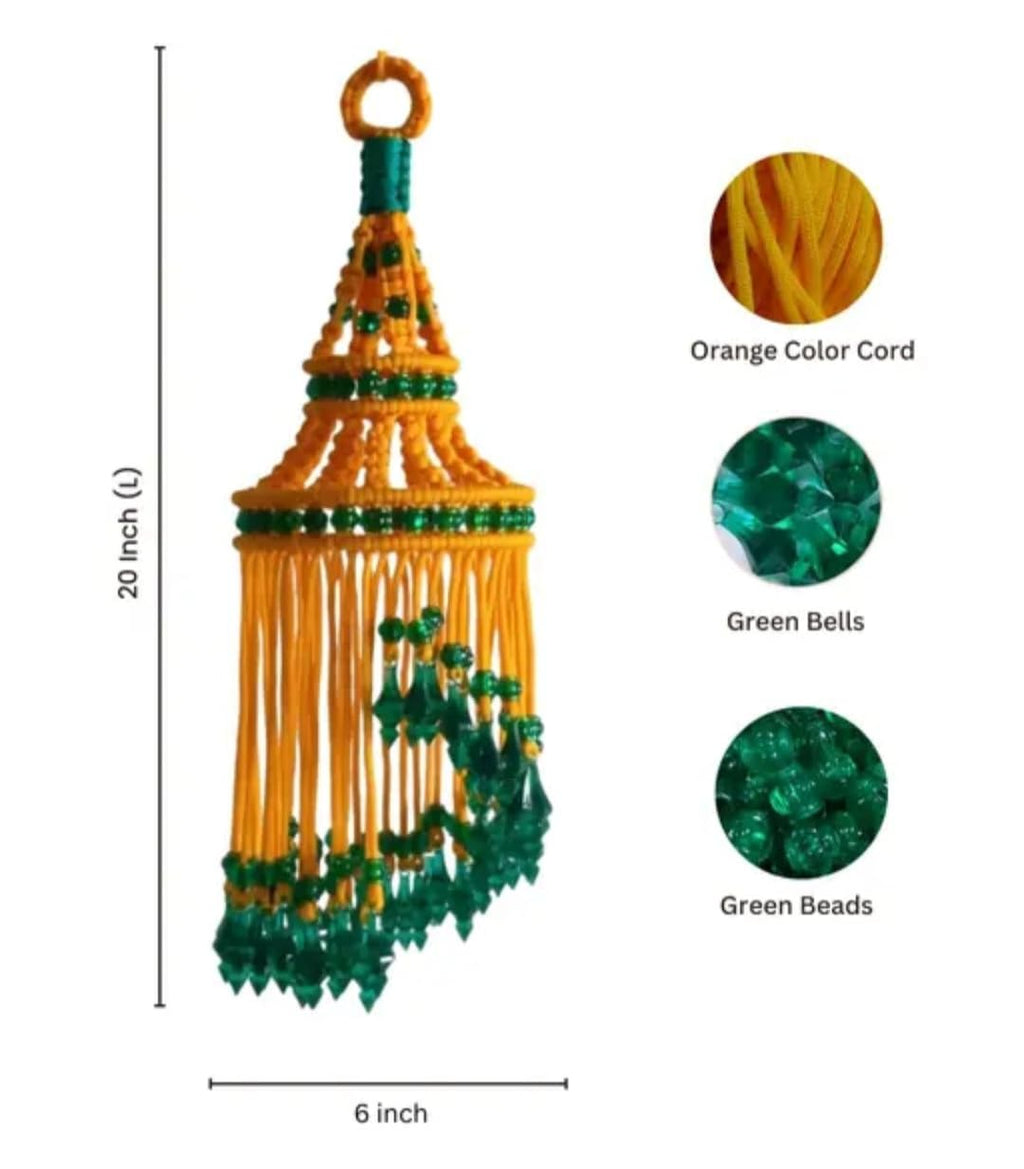 Handcrafted Macrame Hanging Decoration, Yellow and Green, Crystal Beads, Boho Style
