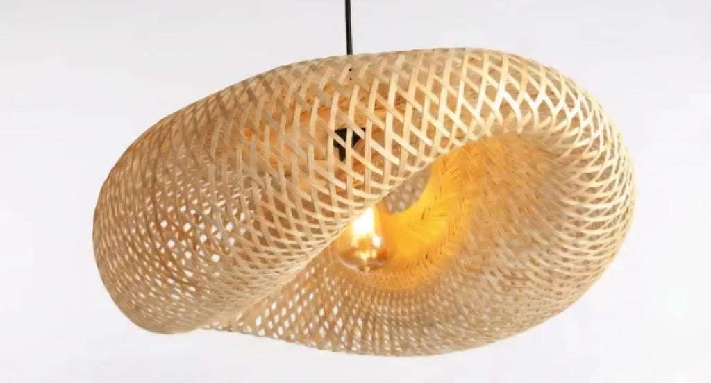 Handwoven Bamboo Pendant Light, Natural Beige, Oval Shape, Modern Bohemian Style, Ceiling Fixture