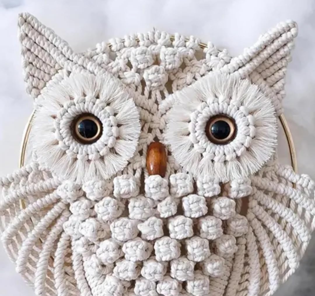 Macrame Owl Wall Hanging, Handwoven Boho Decor, Natural Cotton, Wooden Perch, Beige