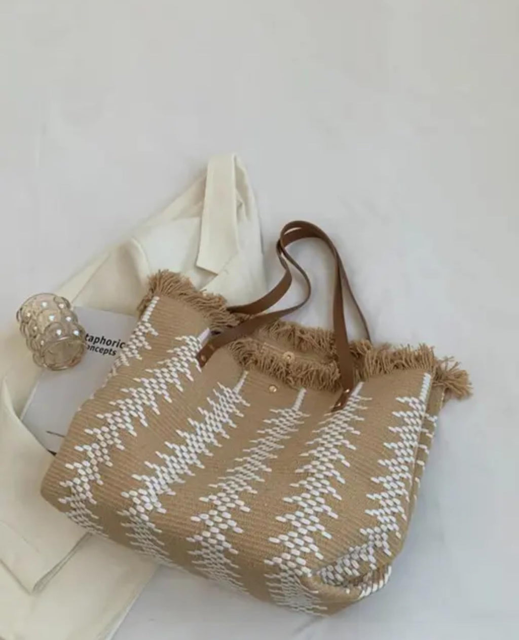 Handmade jute bag Boho Woven Beach Tote Bag with Fringe Trim, Beige Diamond Pattern, Leather Handles