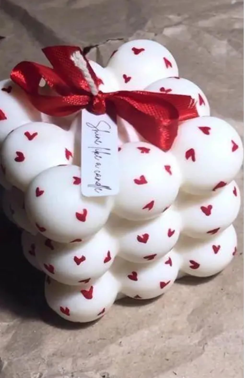 Bubble Cube Candle, White with Red Hearts, Decorative Bow, Valentine's Day Gift
