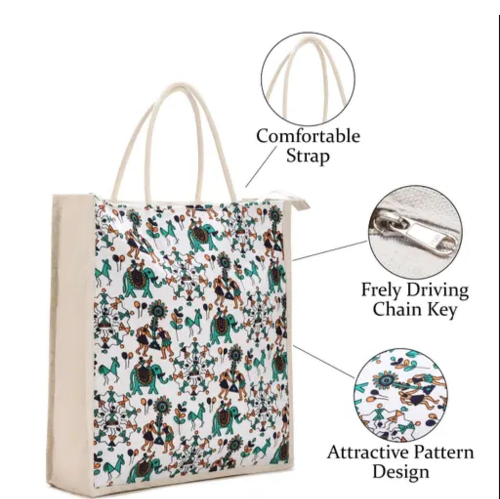Decorative Canvas Tote Bag with Folk Art Pattern, Turquoise and Brown Elephant Print, White Background