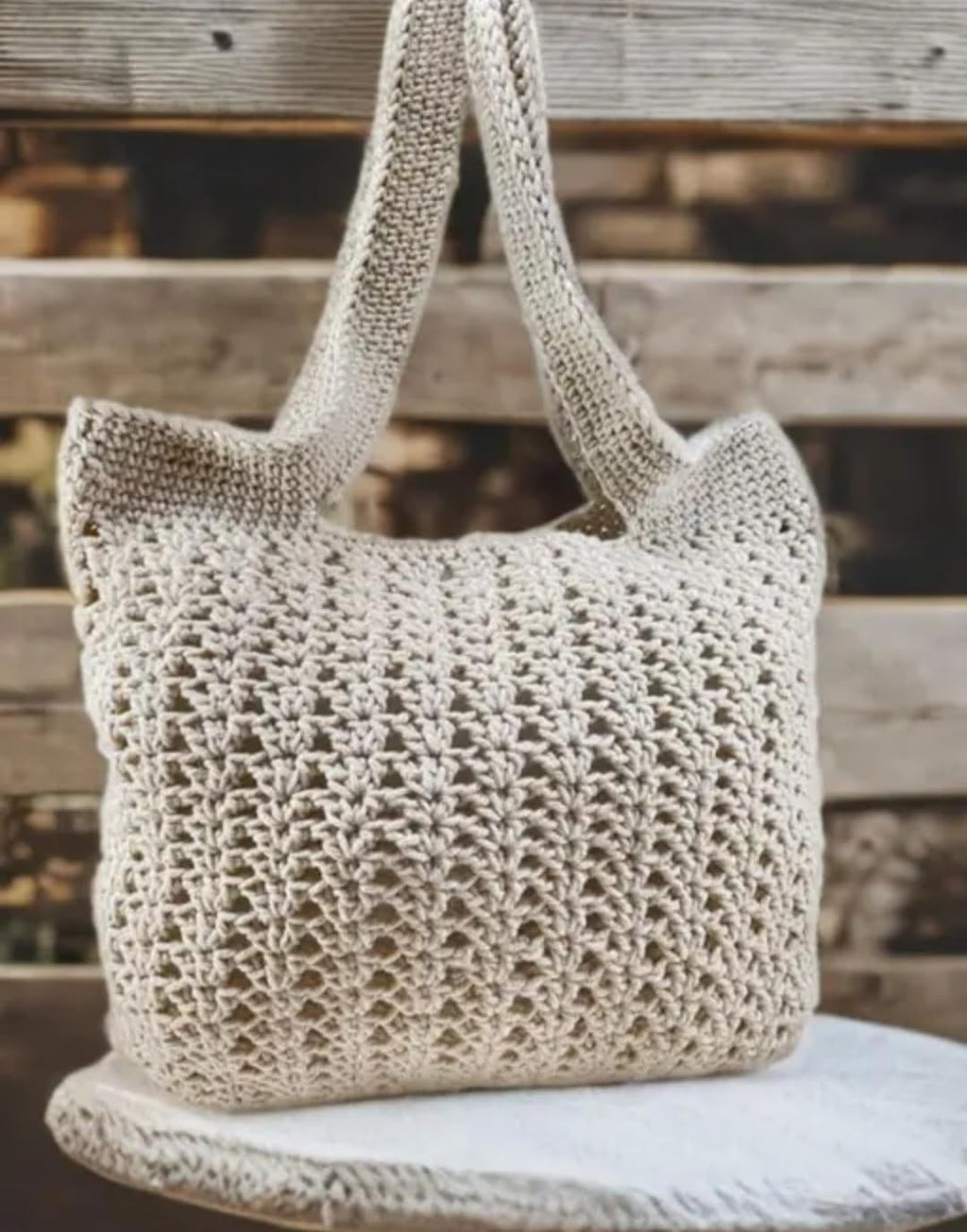 Handmade Crochet Tote Bag, Cream, Cotton, Open Weave, Boho Style, Shoulder Bag with Handles