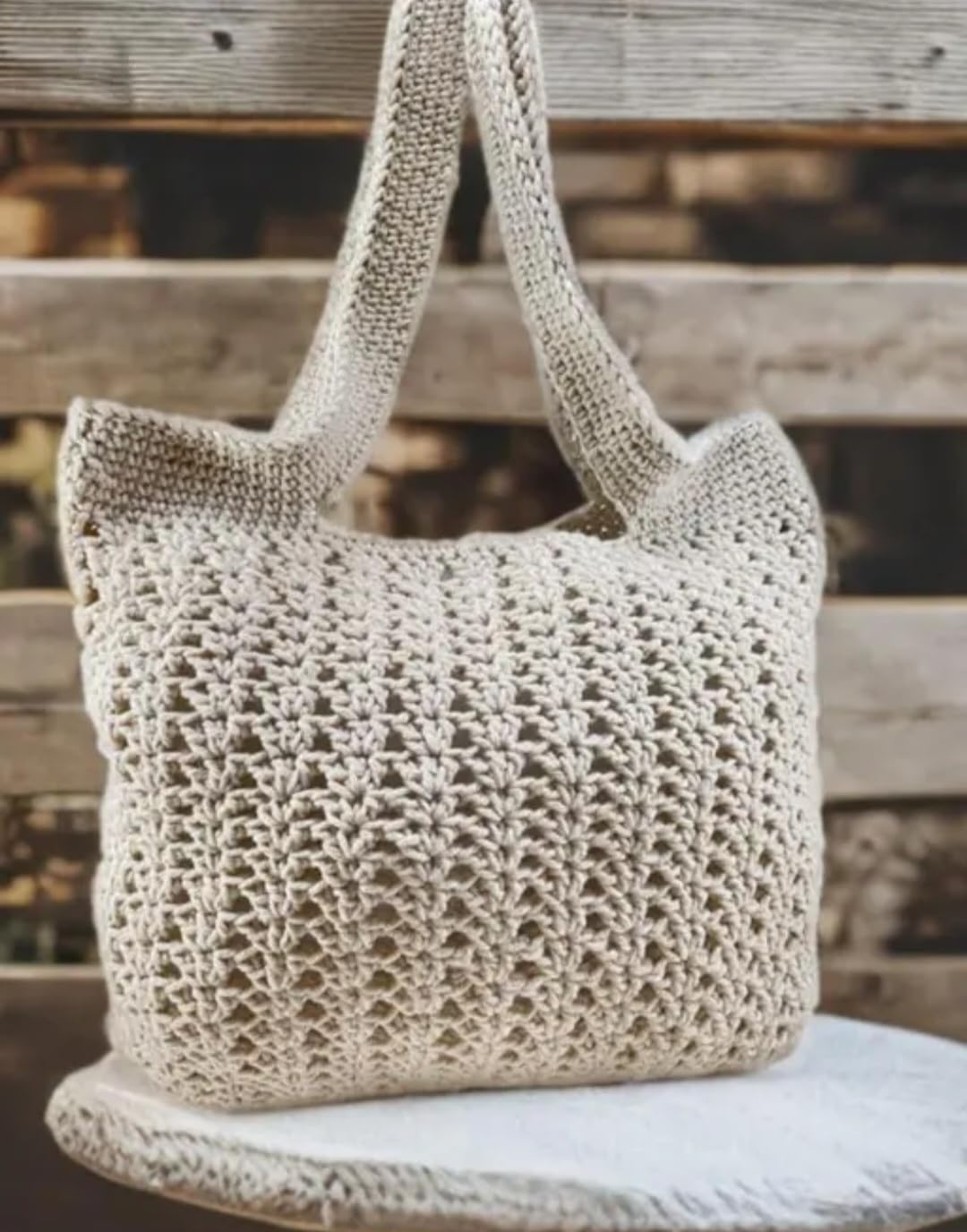 Handmade Crochet Tote Bag, Cream, Cotton, Open Weave, Boho Style, Shoulder Bag with Handles