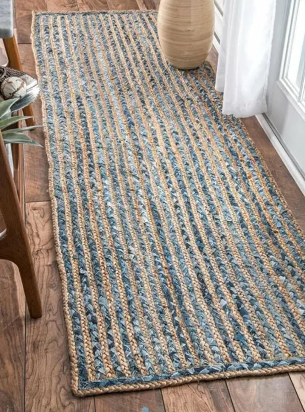 Handwoven Jute and Denim Area Rug, Blue and Natural Striped, Boho Style, Living Room Runner