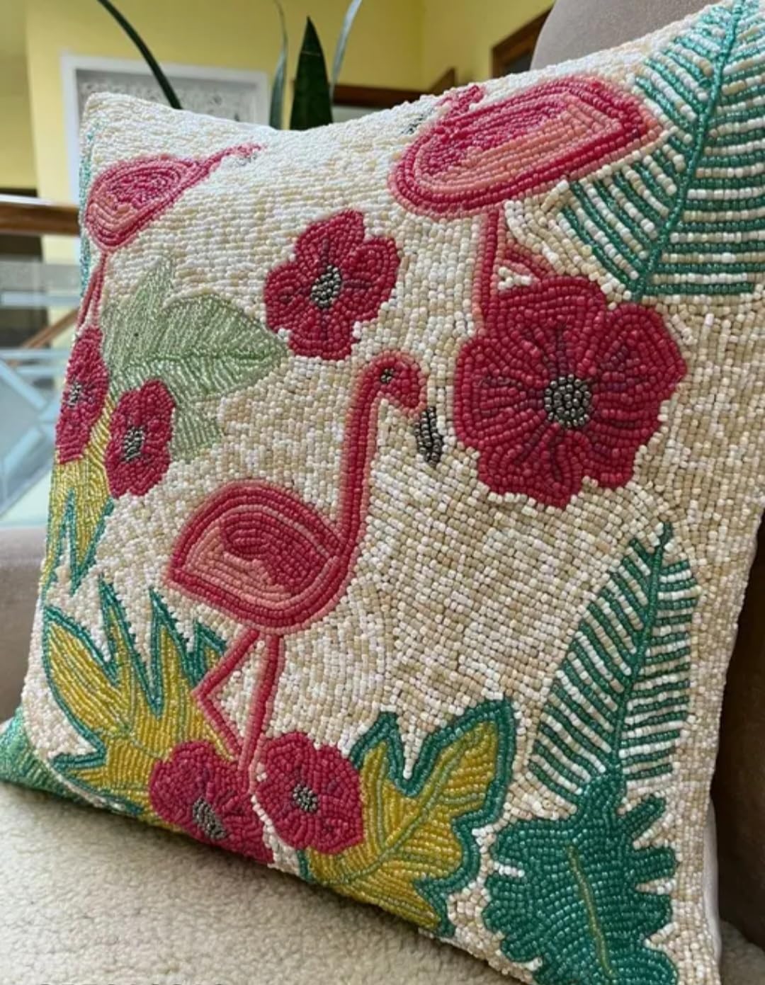 Beaded Decorative Throw Pillow Cover, Flamingo and Tropical Flowers Design, Pink and Green, Square Cushion Cover