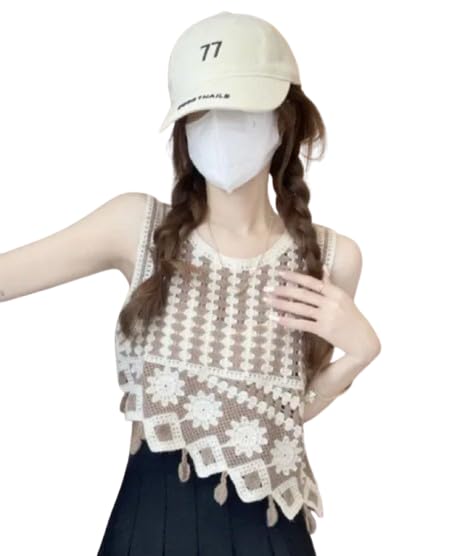 Women's Crochet Crop Top, Floral Hollow Knit Sleeveless Tank, Boho Style, Beige