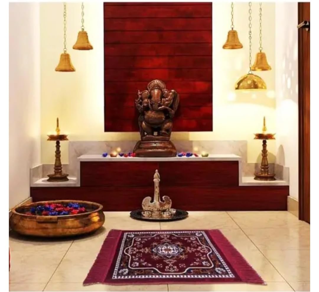 Red Floral Prayer Mat with Fringe Border, Traditional Decorative Design, Square Rug