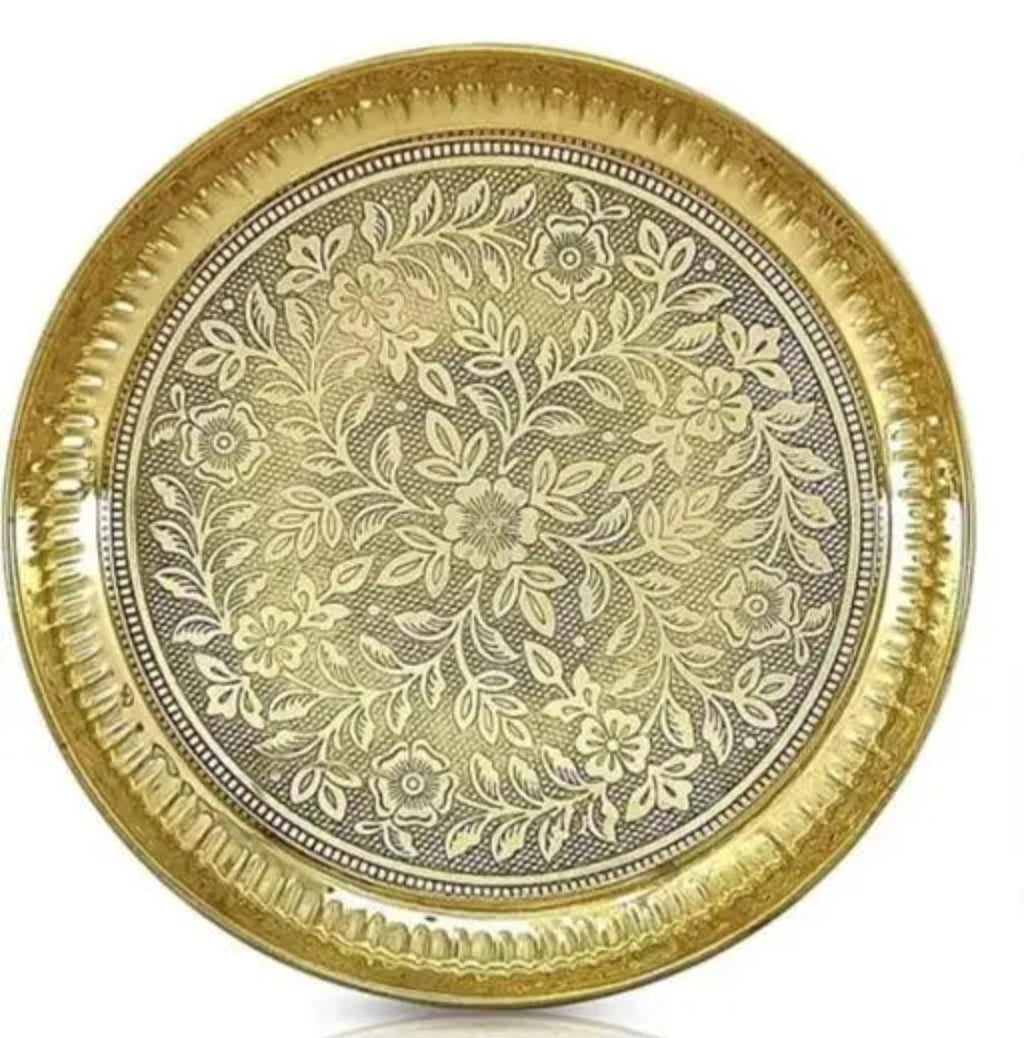 Traditional Gold Plated Brass Pooja Thali Set with Spoons, Decorative Religious Prayer Plate, Oval Shape, Antique Design
