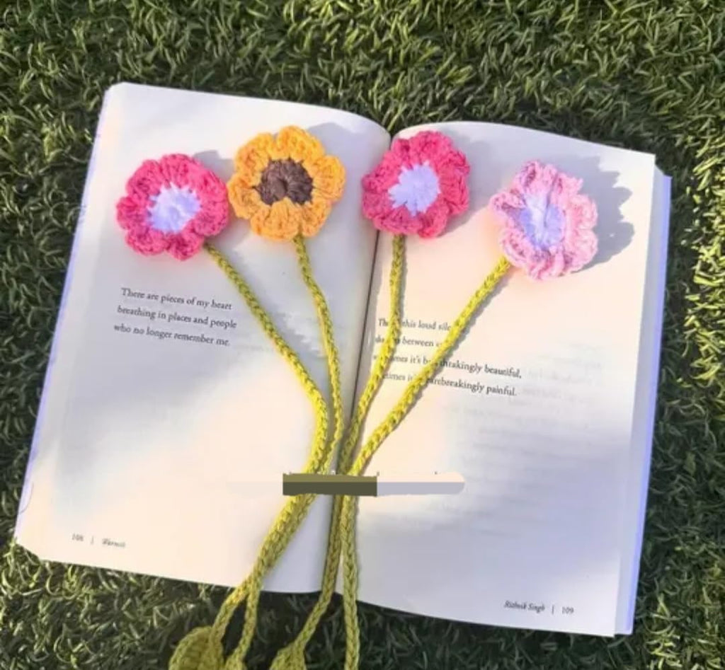 Handmade Crochet Flower Bookmarks, Set of 4, Floral Design with Leaf Stem, Multicolor