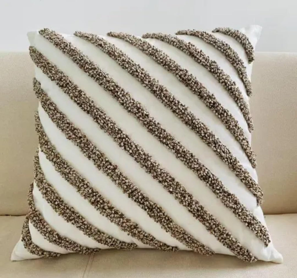 Handmade Decorative Throw Pillow Cover, White with Tufted Diagonal Stripe, Boho Style, Sofa Cushion Cover
