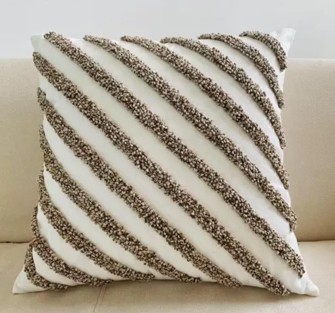 Handmade Decorative Throw Pillow Cover, White with Tufted Diagonal Stripe, Boho Style, Sofa Cushion Cover