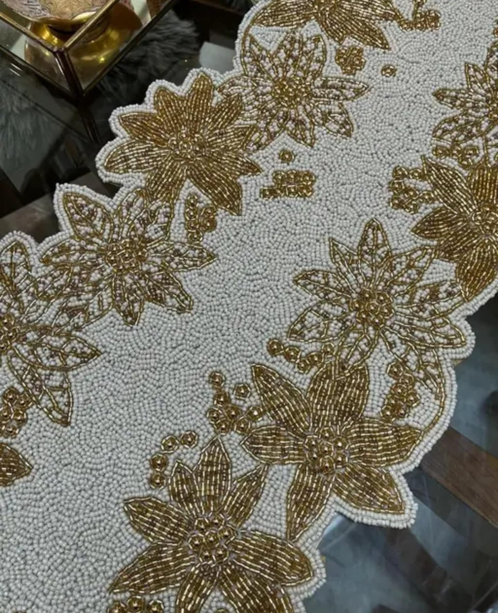 Beaded Table Runner, Gold Floral Design, White Background, Elegant Decorative Accent