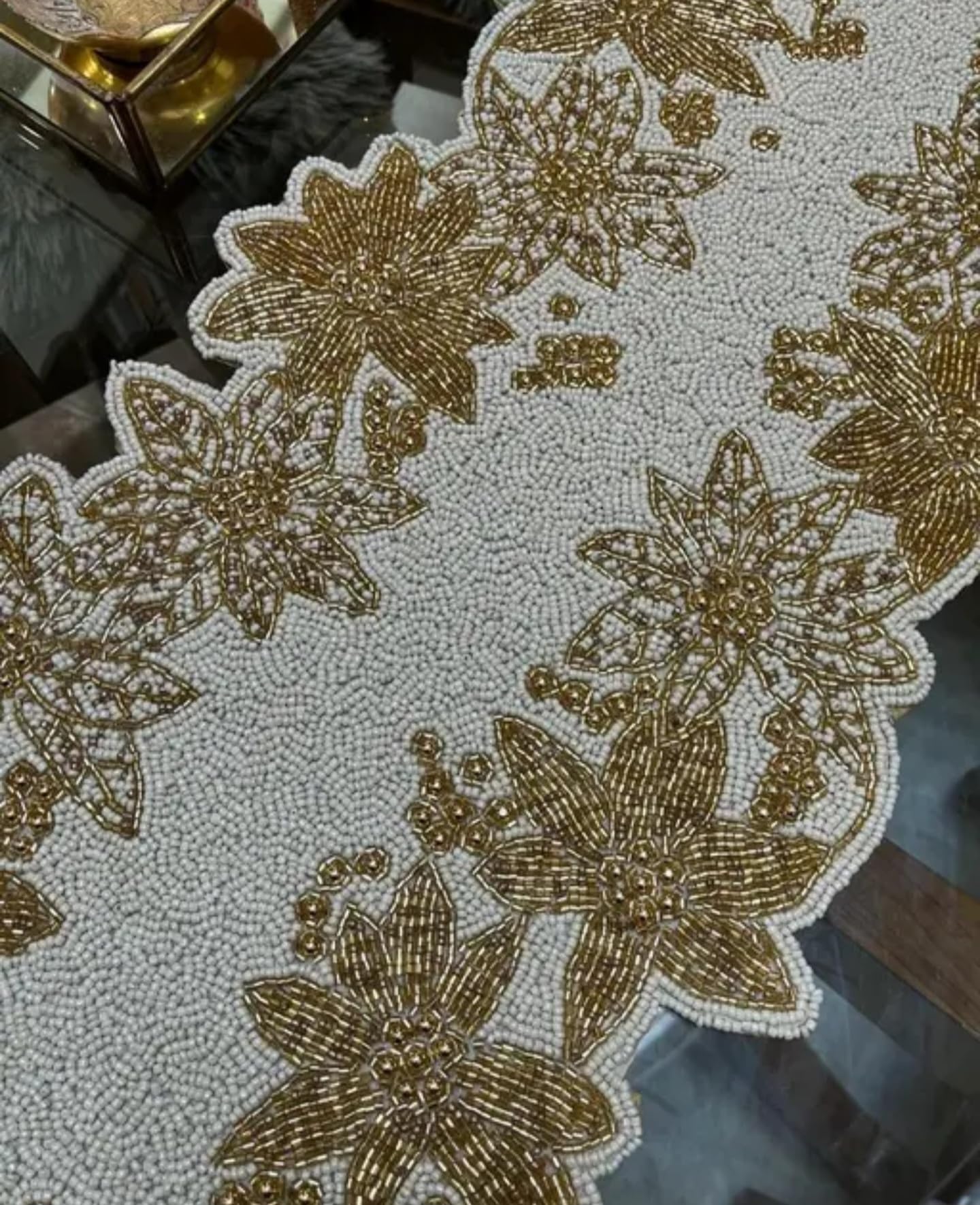 Beaded Table Runner, Gold Floral Design, White Background, Elegant Decorative Accent