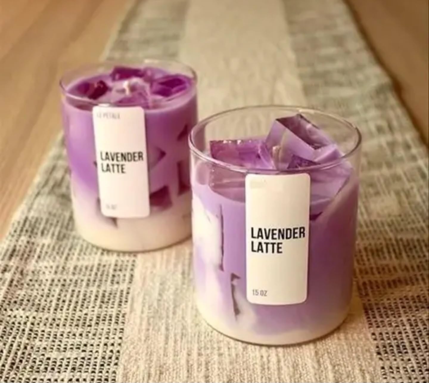 Lavender Latte Scented Candle, Purple and White Layered, Glass Container, 15 oz, Decorative Soy Blend