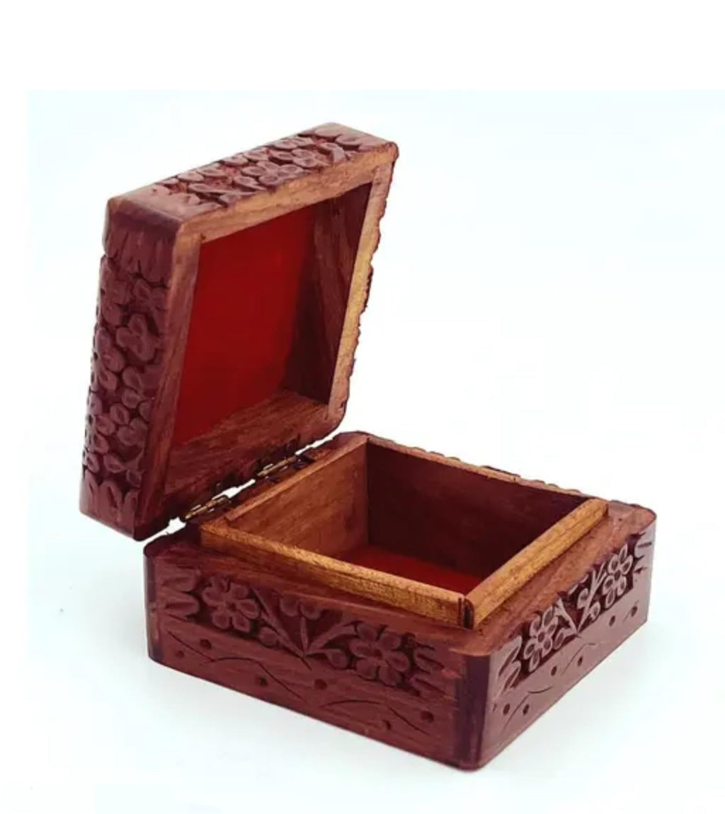 Handcrafted Wooden Jewelry Box with Floral Carved Design, Brown Sheesham Wood, Brass Latch, Traditional Indian Style Storage Box