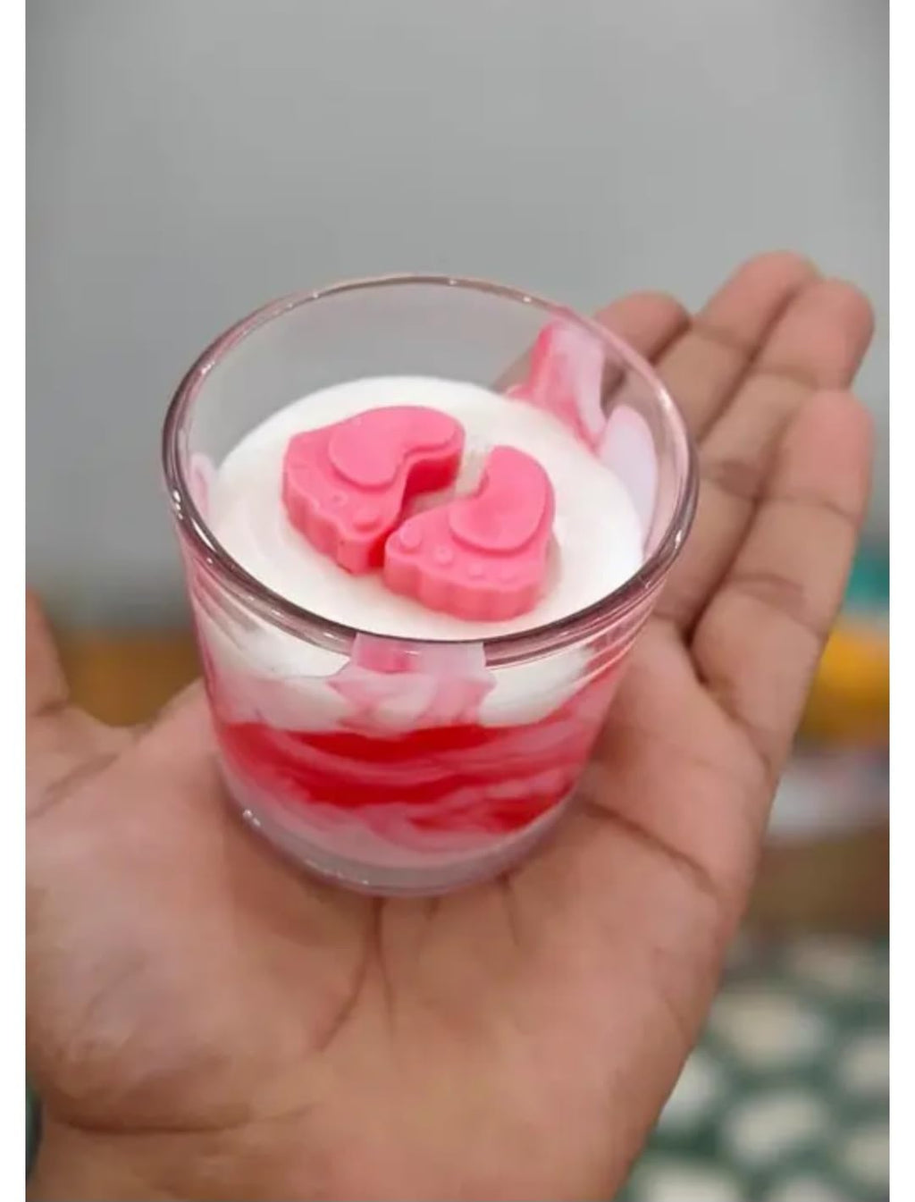Baby feet Scented Jar Candle, Red and White Swirl, Glass Container, Floral Wax Topper