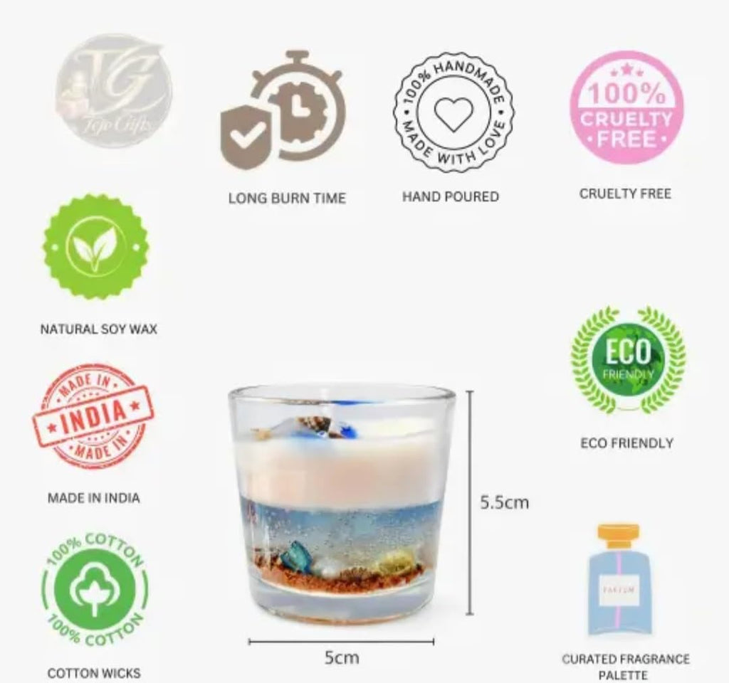 Ocean Beach Candle, Layered Blue and Cream Wax, Glass Container, Seashell Decorations, Coastal Theme