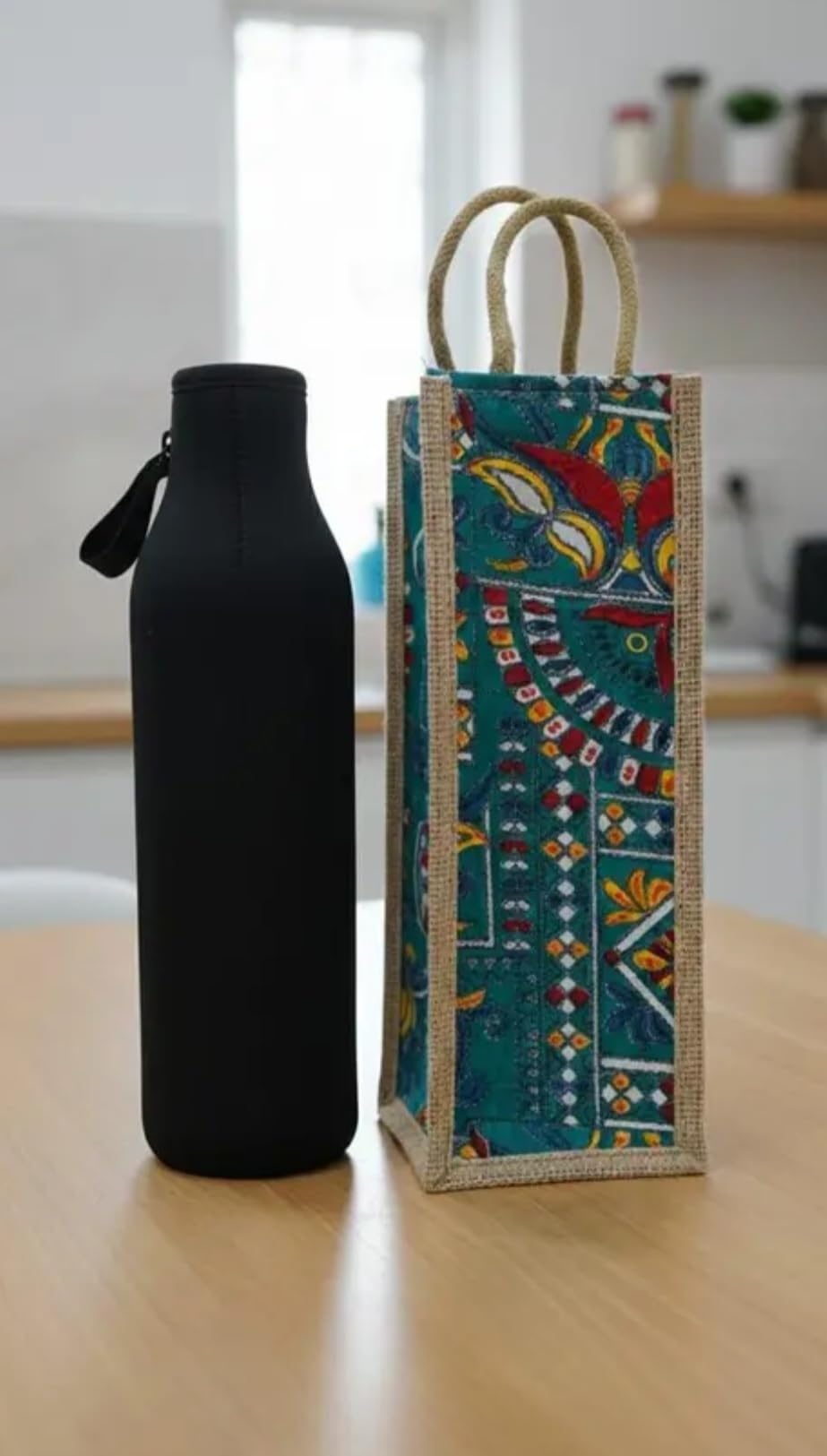 Jute Wine Bottle Bag with Rope Handles, Teal Ethnic Print, Single Bottle Carrier Tote