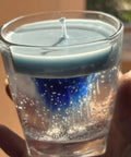 Blue Gel Candle in Clear Glass, Decorative Home Accent with Embedded Bubbles