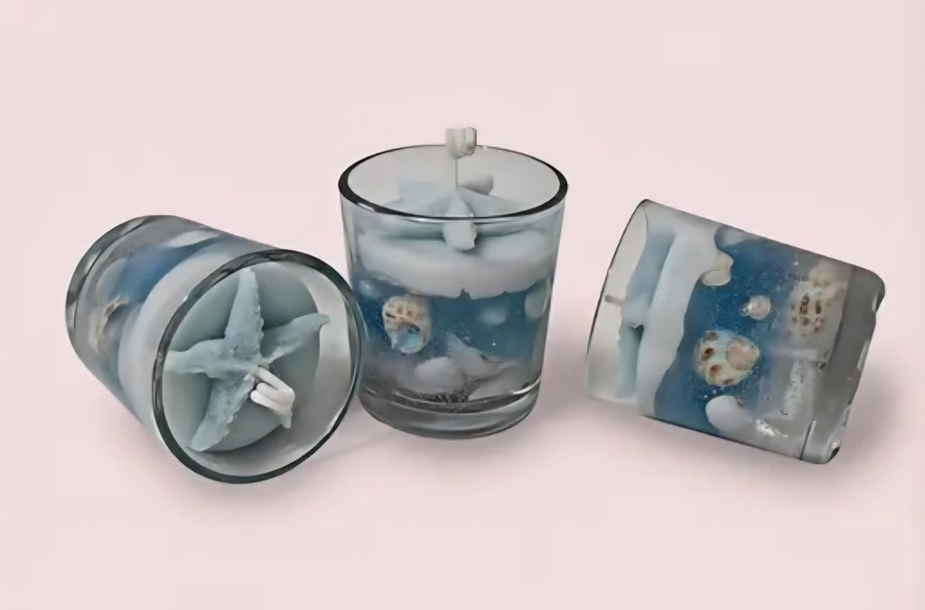 Ocean Themed Candles with Seashells, Blue and White Swirl, Glass Jar