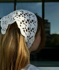White Crochet Lace Headband, Boho Hair Scarf, Floral Knit Head Wrap for Women