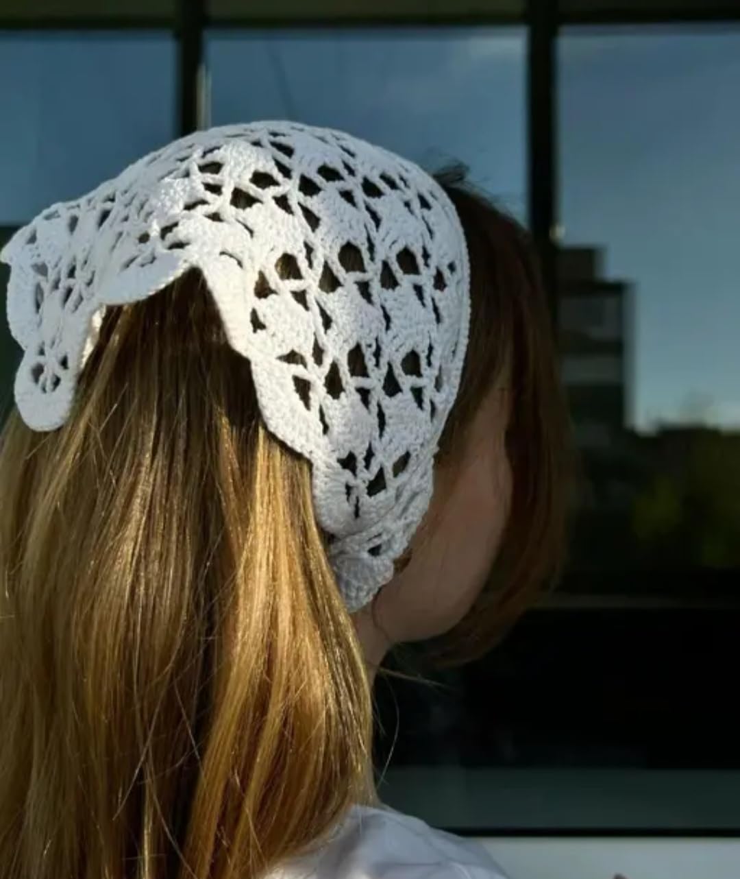 White Crochet Lace Headband, Boho Hair Scarf, Floral Knit Head Wrap for Women