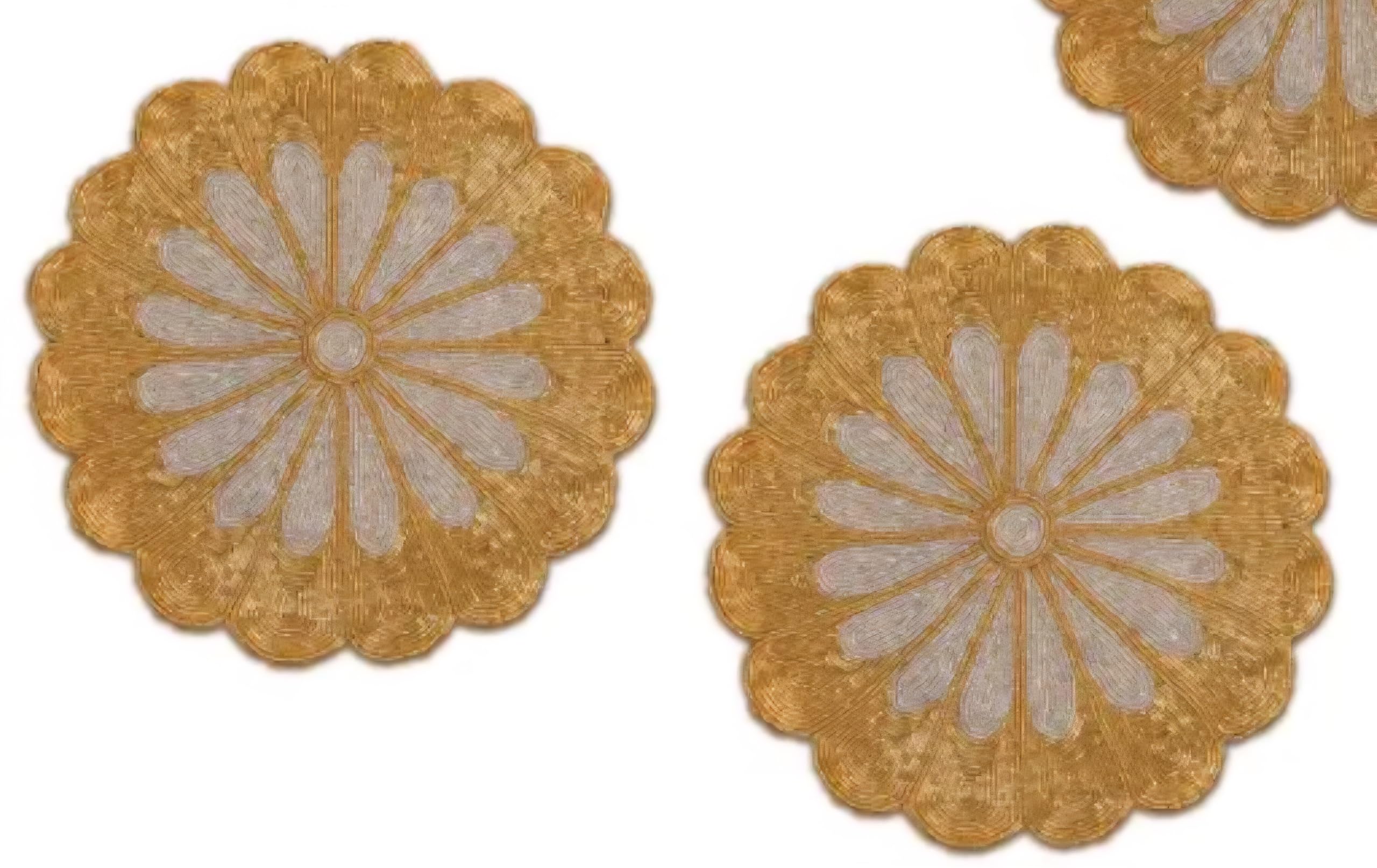 Round Floral Embroidered Placemats, Gold and Beige, Scalloped Edge, 1 piece