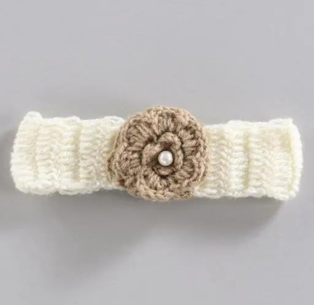 Handmade Crochet Baby Girl Dress Set, Cream, with Matching Headband and Booties, Scalloped Hem