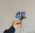 Handmade Crochet Tulip Flowers, Blue and Purple, Knitted Artificial Floral Stems with Green Leaves, Home Decor Gift, Set of 2