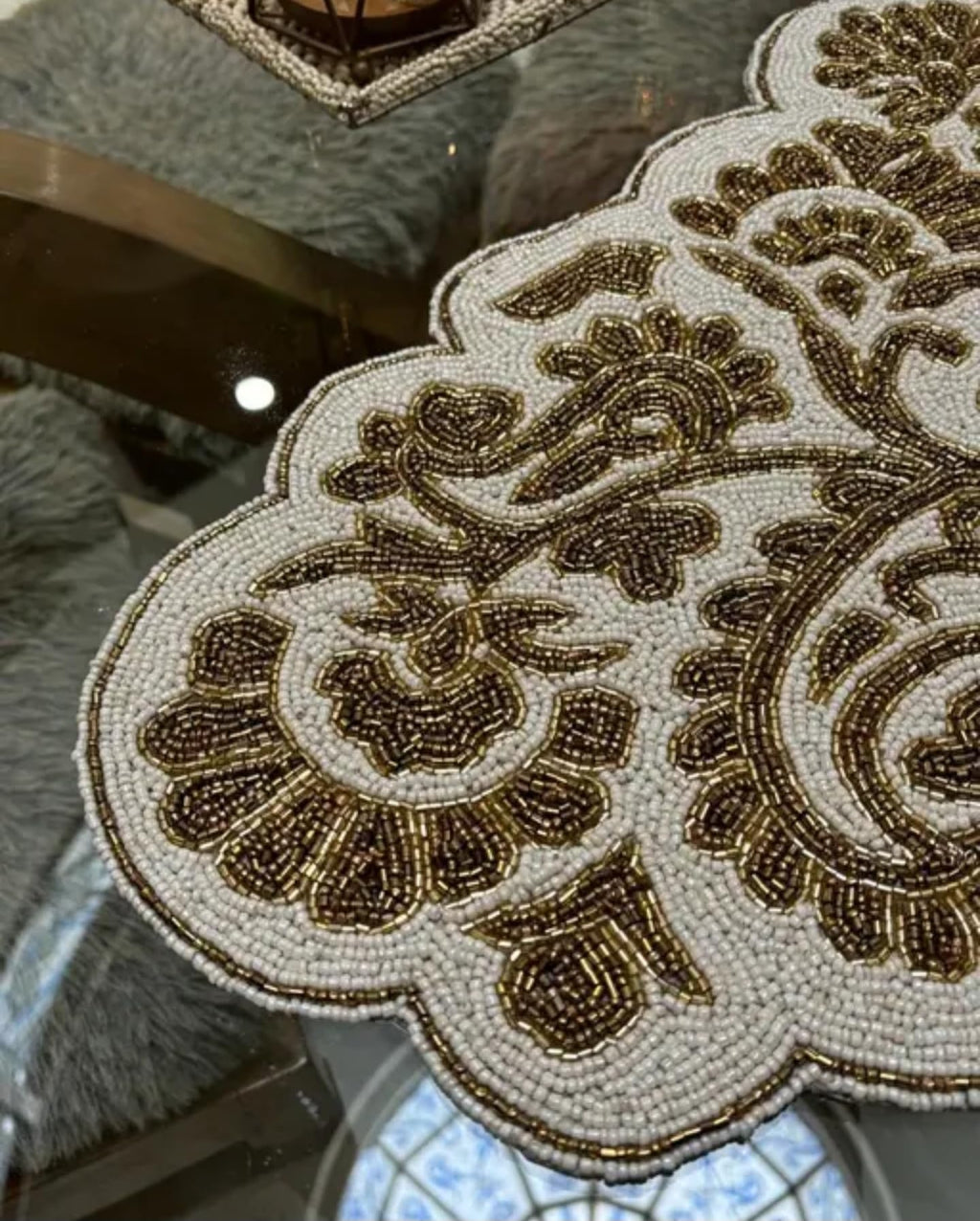 Beaded Handmade Table Runner, Brown and Cream, Floral Paisley Pattern, Decorative Home Accent