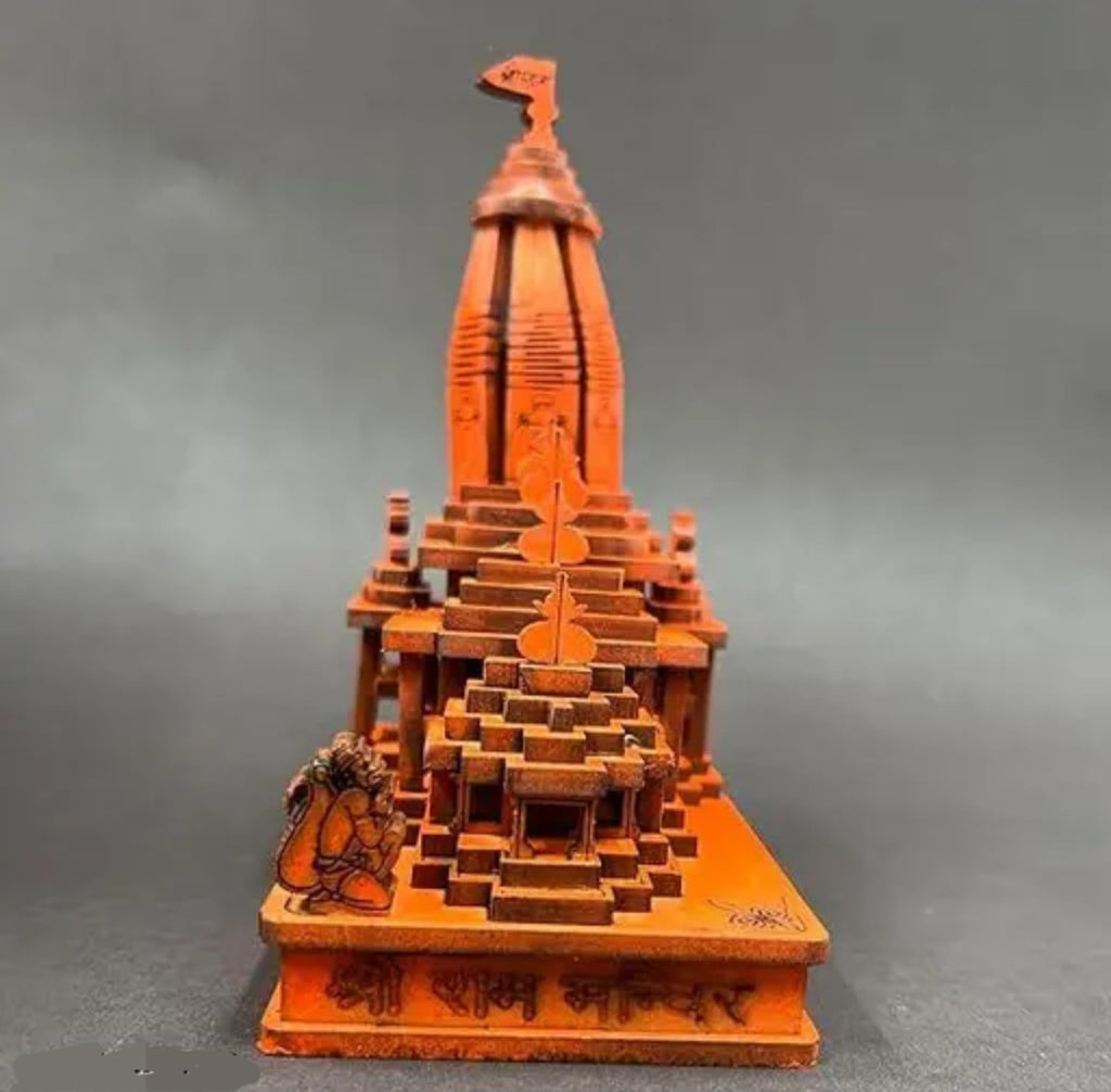 Handcrafted Wooden Temple Model, Ram Mandir, Traditional Mandir Design, Brown and Beige, Decorative Religious Architecture, Desktop Size